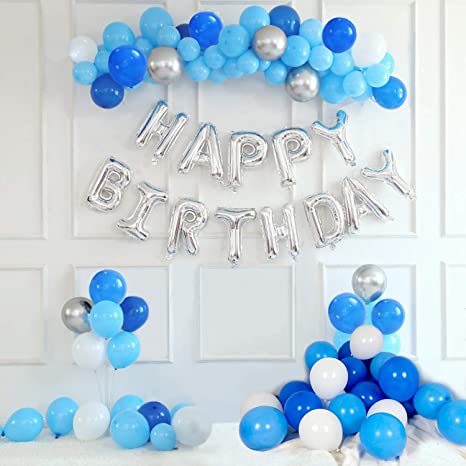 Gaishi 100Pcs Set Party Balloons with Silver Hanging Happy Birthday Balloons, Arch Garland for Wedding Birthday Party Decorations, White Blue Silver