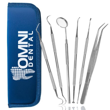 Omni Dental 6 Piece Dentist Tool Kit, Features A Grade German Stainless Steel Tarter Remover, Anti-Fog Mirror, Tweezers, Dental Pick/Scaler, Burnisher, Pet Friendly, Free Leather Carry Case