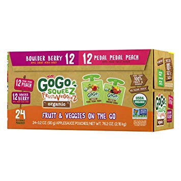 GoGo squeeZ Organic Fruit & VeggieZ on the Go, Variety Pack (Apple Berry/Apple Peach), 3.2 Ounce (24 Pouches), Gluten Free, Vegan Friendly, Healthy Snacks, Unsweetened, Recloseable, BPA Free Pouches