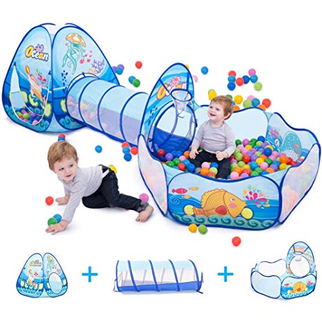 LOJETON Kids Play Tent, Tunnel & Ball Pit with Basketball Hoop for Boys, Girls and Toddlers - Indoor/Outdoor Playhouse