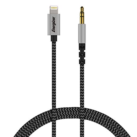 Premier Energizer Ultimate iPhone Car Connector AUX Cable to AUX or to Lightning Cord MFi Audio Link Headphone Jack Auxiliary Adapter 3.5 mm Nylon Braided Metal Tip, 4ft 6ft 10ft