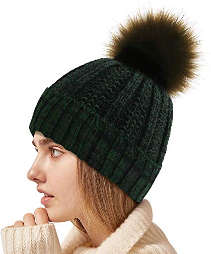 Beanie Hats Winter Knit Beanie for Women,Fleece Lined Cable Knit Slouchy Beanie with Pom Pom