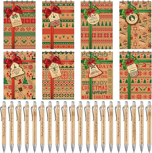 Outus 96 Pcs Christmas Mini Notepads with Pens Sets Vintage Christmas Small Spiral Notebooks Christmas Ballpoint Pens for School Office Xmas Gifts Holiday Party Stocking Fillers Supplies