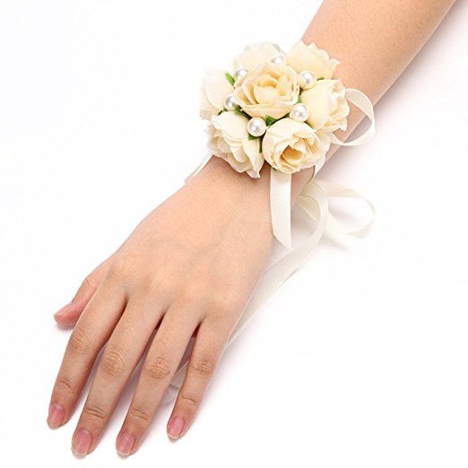 FAYBOX Girl Bridesmaid Wedding Wrist Corsage Party Prom Hand Flower Decor Pack of 4 Champagne
