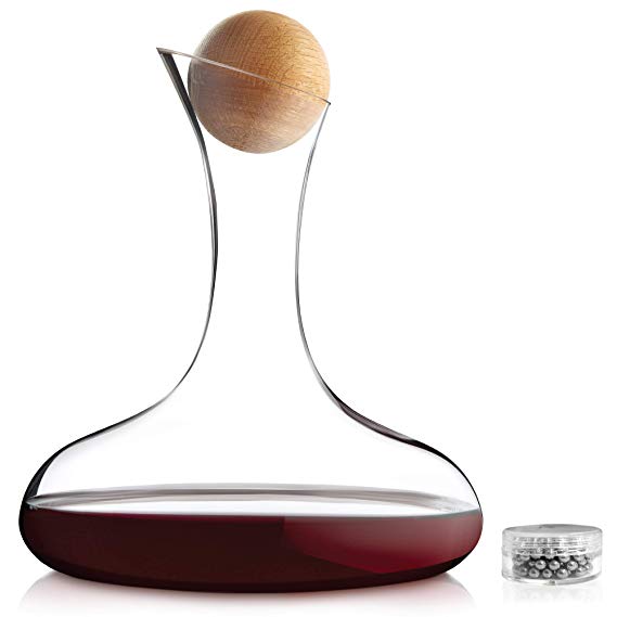 Andrew James Glass Wine Decanter | 1.8L Capacity | Solid Oak Stopper & Stainless Steel Cleaning Balls | Easy-Pour Design