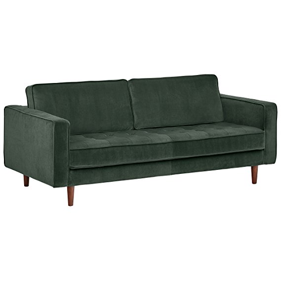 Rivet Aiden Tufted Mid-Century Velvet Bench Seat Sofa, Without Side Pillows, 74" W, Hunter Green