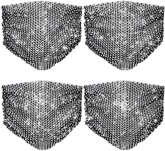 Nuanchu 4 Pieces Rhinestone Mesh Face Cover Crystal Masquerade Glittery Metal Mesh Masquerade for Women Halloween Costume