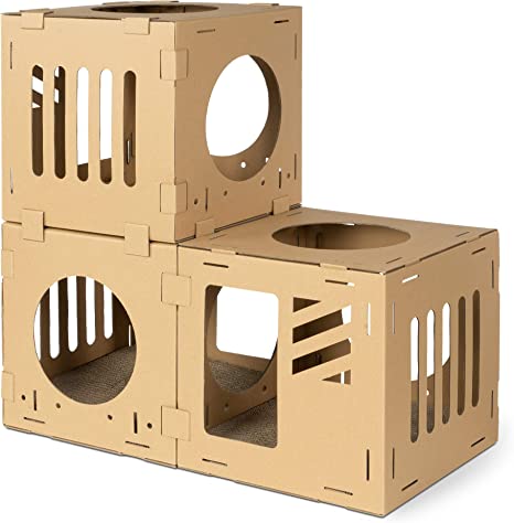 Navaris Modular Cardboard Cat House - DIY Corrugated Cardboard Configurable Play Tower Condo for Small Cats, Kittens, Rabbits - 3 Cubes