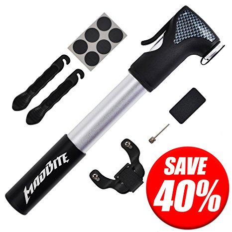 MadBite Mini Bike Pump 120PSI Telescopic, Compact & Portable Bicycle Pump - With Gauge, BONUS 2 Tire Bars, 6-Piece Glueless Puncture Repair Kit, - Presta and Schrader Air Valves Pump