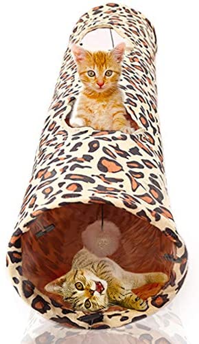 SunGrow Cat Tunnel, Leopard Skin Print, Encourages Healthy Play, Promotes Physical and Psychological Well-Being of Felines, Comes with Hanging Ball, Make Your Kitty Feel Like a Mighty Leopard