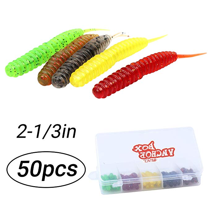 RUNCL Anchor Box - Paddle Tail Swimbaits, Soft Jerk Baits, 20/40/50/60pcs Soft Fishing Lures, Curly Tail Grubs - 3D Lifelike Eyes, Split/Boot/Curly/Straight/Thin Tail - 1/2/3/4/5in, Proven Colors
