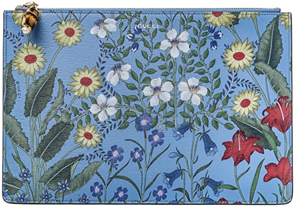 Gucci Nymphae Flora Azure Floral Blue Pouch Zipper Zip Leather Box Italy Flower New