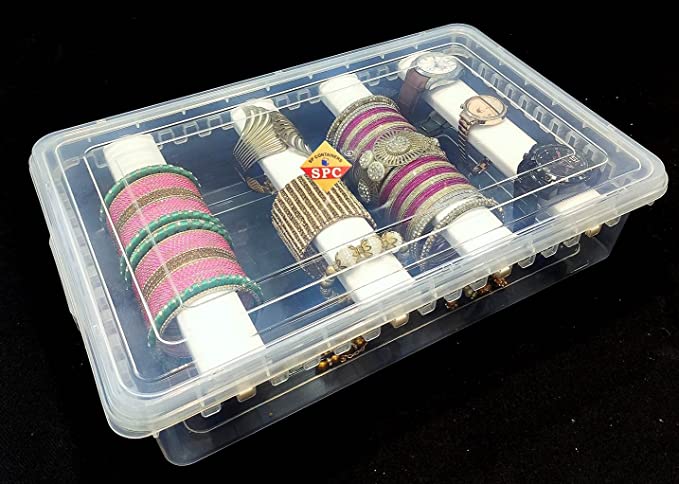 SPC Plastic adjustable 4 rod Bangle Box Chudi Set Organizer Jewellery Storage Display Box for Bangles Chudi Bracelet Wrist Watch Hair Bands Scrunchies Accessories, Transparent (1)