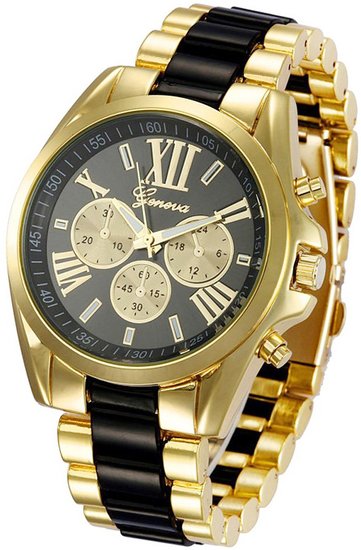 Fanmis Roman Numeral Gold Plated Metal Nylon Link Analog Disply Watch - Black