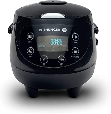 Reishunger Digital Mini Rice Cooker and Steamer in Black with Keep Warm Function & Timer - 2.5 Cups - Premium Inner Pot, Spoon & Measuring Cup - Multi Cooker with 8 Programmes & 7-Phase Technology