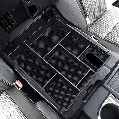BEAUTYOVO Center Console Organizer for 2014-2019 Toyota Tundra, Multi-Grid ABS Plastic Armrest Insert Tray with Non-Slip Rubber Liners, Special Hole for Cigarette Lighter - Toyota Tundra Accessories