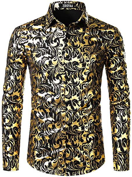 ZEROYAA Men's Luxury Paisley Gold Shiny Printed Stylish Slim Fit Button Down Dress Shirt