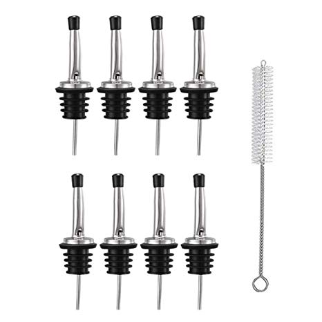 JSDOIN Professional Liquor Pourers Set of 8 Classic Free Flow Bartender Bottle Pourer w/Tapered Spout, Fits Alcohol Bottles up to 1l. - Best for Pouring Wine, Spirits, Syrup and Olive Oil.