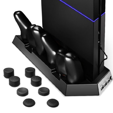 PS4 Cooler, Amir® PS4 Vertical Stand Cooling Fan, PlayStation 4 Controller Dual Charging Station with FREE Dual Charger Ports   8 Controller Cover Caps   USB Ports - Best Cooling Station System