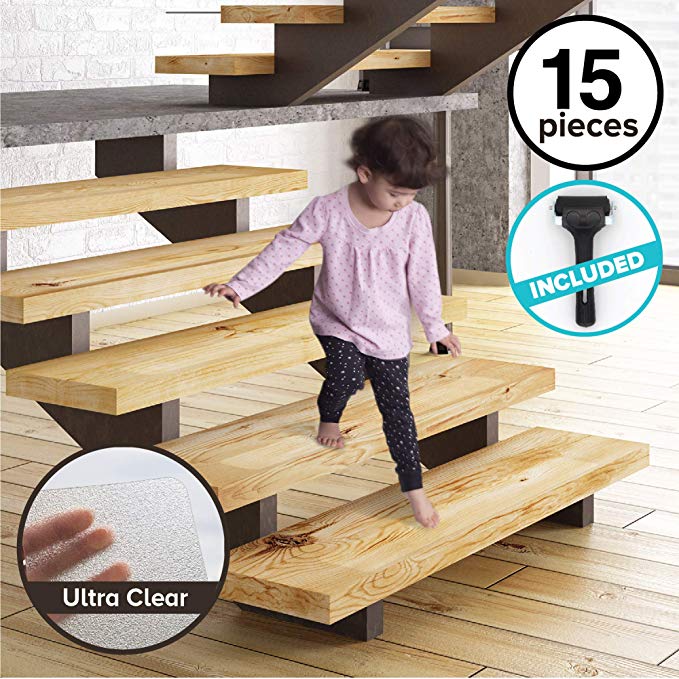 LifeGrip Non-Slip Stair Treads (15-Pack) with Application Roller, Anti-Slip Clear Tape, 4" X 28" Safety Fine Resilient Strips, Transparent, PVC-Free, for Barefoot (Tape   Roller)