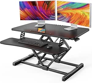 HUANUO Standing Desk Converter, 36” Sit to Stand Desk with Keyboard Tray, Height Adjustable Stand Up Desk Riser for Home Office, Dual Monitor and Laptop Workstation, Black