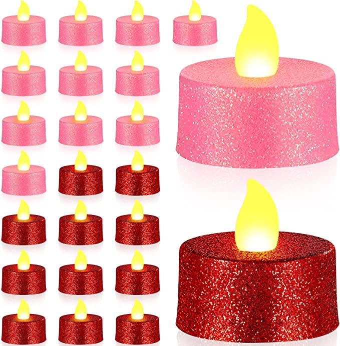 24 Packs Glitter Tea Light Candles Battery Operated Flameless Led Tealights Flickering Candle with Warm Yellow Light for Halloween Party Anniversary Decoration (Red, Pink)