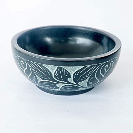 Kaizen Casa Hand Carved Natural Stone Bowl, Smudge Bowl, Stone Bowl, Smudge Pot, White Leaf Carved Design |Size_12.7cm x 5.08cm – Black