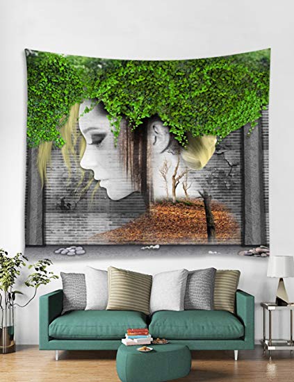 Muuyi Tapestry, Beautiful Oriental Girl, Leaves Decor Collection, Pattern with Vines Leaves Nature Curvy Branches Plants Garden Floral Illustrated Art for Bedroom Living Room Dorm - 90" X 71" Inches