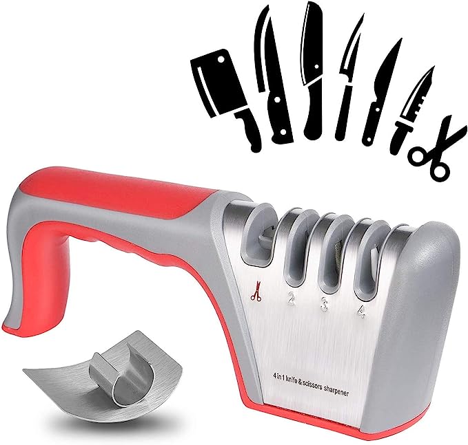 Flintronic Arcos Afiladores, Afilador de Cuchillos Manual de 4 in 1, Base Antideslizante para Kinfe de Cocina, para Cuchillo Santoku, Cuchillo de Cocina, Tijeras (Incluye 1 Protector de Dedos)