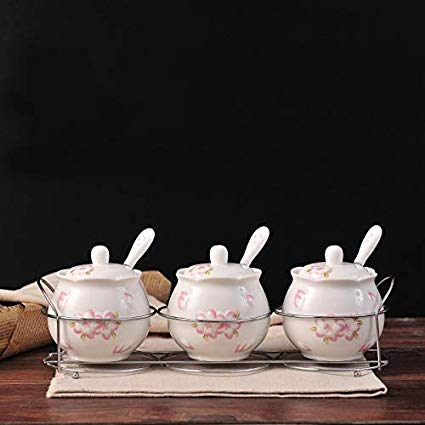 Ceramic Sugar Bowls with Lids and Spoons and Shelf,Porcelain Condiment Jar Spice Container,8.3 oz 245 ML,3 Pcs Set (White)