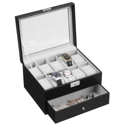 VonHaus Black Faux Leather Watch and Cufflink Display Box for 10 Watches & Jewelry with Drawer