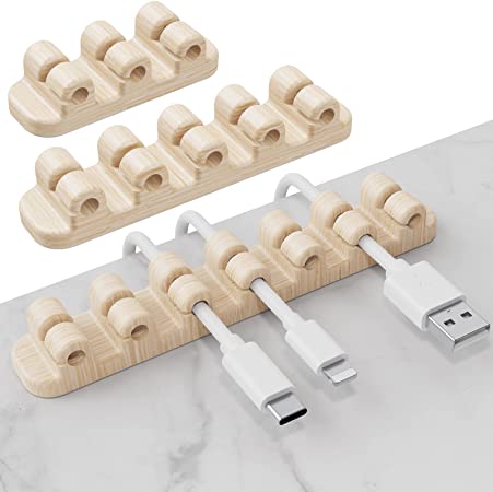 SOULWIT Upgraded Cable Holder, 3-Pack Cable Management Cord Organizer Clips Silicone Self Adhesive for Desktop USB Charging Cable Power Cord Mouse Cable Wire PC Office Home (3/5/7 Slot,Wood Grain)