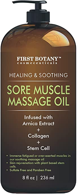 Arnica Sore Muscle Massage Oil - for Massage Therapy & Best Natural Therapy Oil with Lavender, Mint & Chamomile Essential Oils, Collagen & Stem Cells - Therapeutic Oils for Body & Massage Lotion 8 oz