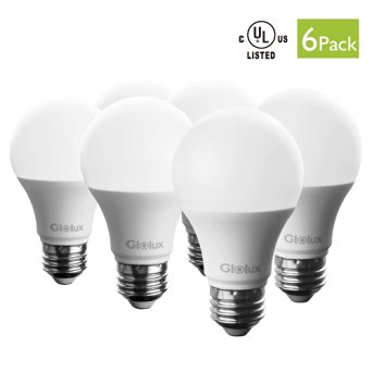 Glolux A19 LED Light Bulb, 60 Watt Equivalent, E26 Base Daylight 9 Watt Pack of 6