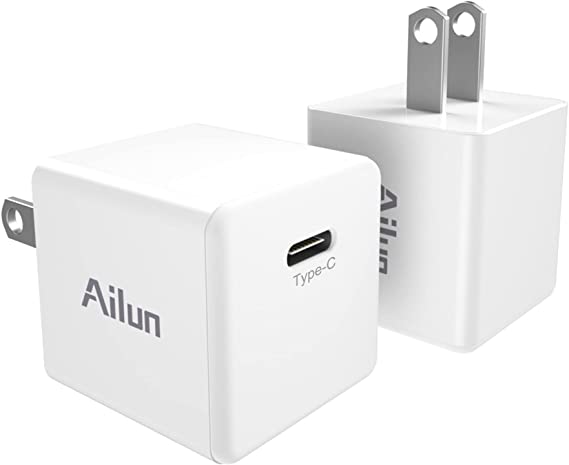 Ailun 2Pack 20W USB C Power Adapter,PD Port Thumb Wall Charger Block Fast Charge Compatible with iPhone 13/12 Pro Max/12 Mini/11,Galaxy,Pixel 4/3, iPad Pro (Cable Not Included) White