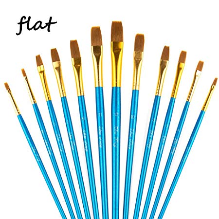A Selected Flat Paint Brushes, 12 Pieces Flat Artist Brushes Set for Watercolor Oil Acrylic Crafts Rock & Face Painting (Blue)