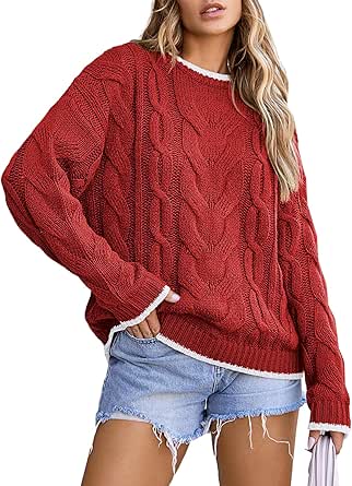 EVALESS Sweaters for Women Trendy Crewneck Long Sleeve Color Block Sweater Tops Fall 2024 Chunky Cable Knit Pullover Sweaters