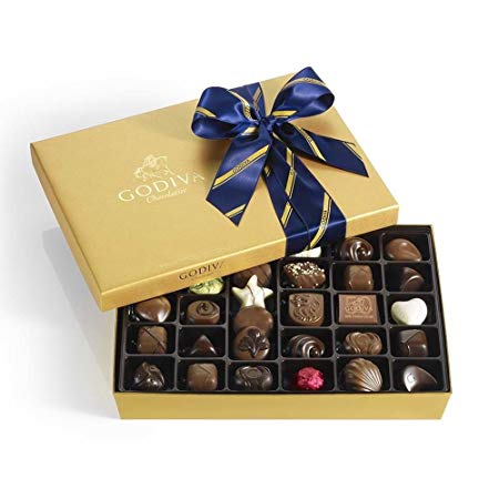 Godiva Chocolatier Assorted Chocolate Gold Gift Box, Striped Ribbon, Great Gift, Father's Day Gift, 36 Count