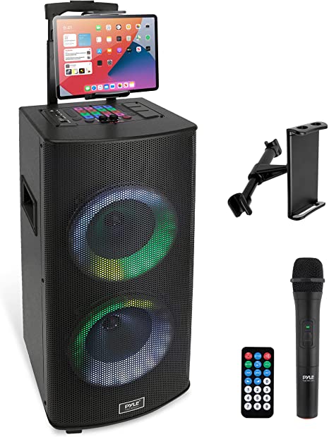 Portable Bluetooth PA Speaker System - 700W Dual 8” Rechargeable Speaker, TWS, Party Light, LED Display, FM/AUX/MP3/USB/SD, Wheels, Wireless Mic, Remote Control, Tablet Holder Included - Pyle PHP28DJT