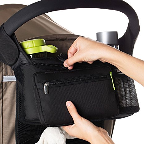 Universal Baby Jogger Stroller Organizer Bag / Diaper Bag with Cup Holders and Shoulder Strap / Fits All Strollers / Premium Deep Cup Holders/ Extra-Large Storage Space for iPhones, Wallets, Diapers, Books, Toys, & iPads,Black.