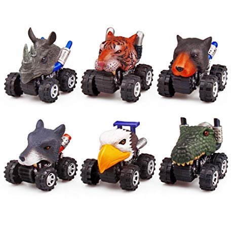 QIYU Dinosaur Toys, Pull Back Dino Cars with Big Tire for 2 to 5 Year Old Boys Girls Gifts 4 Pack Toy Cars (6PACK Animal)