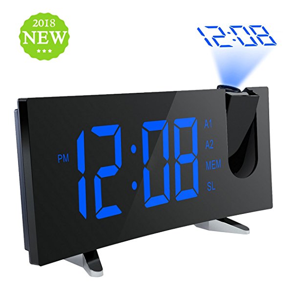 Projection Clock, Pictek 5" Curved-Screen Projection Alarm Clock, Digital Dimmable Projection FM Clock with USB Charging, Dual Alarm, Battery Backup