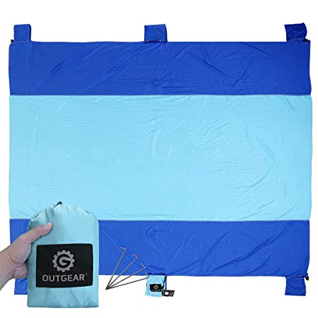 Outdoor Beach Blanket Sand Mat Sandproof, Oversized 9' x 10' for Picnic Hiking Camping, Quick Drying Lightweight and Durable, Made of 100% Parachute Nylon, Includes Four Stakes & Sand Anchors