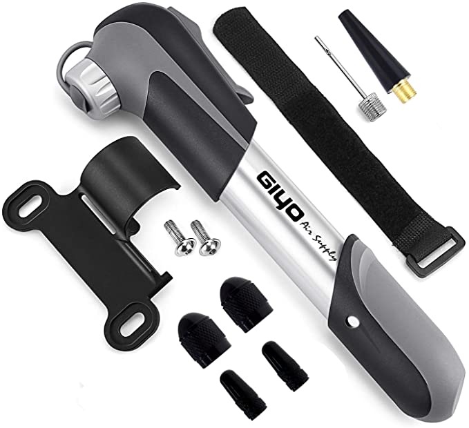 GIYO Mini Bike Pump Portable, High Volume Bike Bicycle Air Pump for Fast Pumping Fits Presta and Schrader Automatically, 4 Valve Caps and 2 Inflation Needles Included