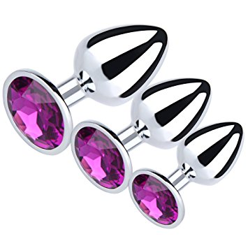 baby 3pcs Different Size Anal Butt Plug Diamond Jeweled Small Middle Big Set Sex Massager for Couple(Deep Purple)