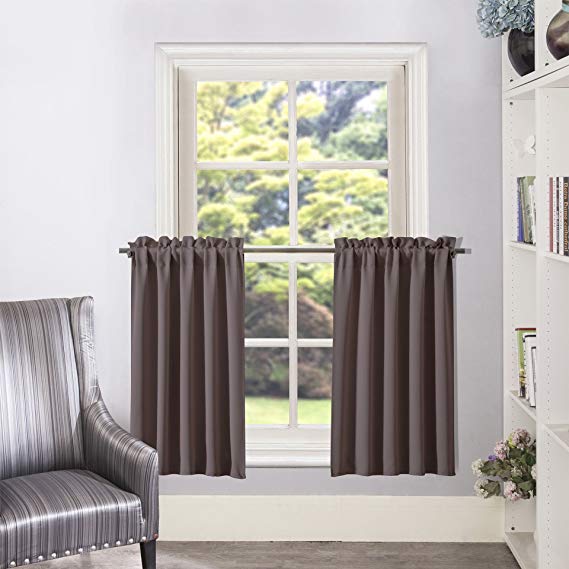 Aquazolax Blackout Window Treatment Curtain Tier Window Curtain Energy Efficient Rod Pocket Curtain Tier/Valance for Bedroom, 1 Pair, 28" Wx36 L, Toffee Brown