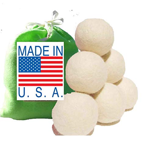 Six Eco-Friendly 100% Wool Dryer balls with Free Eco-Felt Gift bag, Handmade in America, 100% Premium Wool, XL, Natural and Unscented, (Baby Blue)