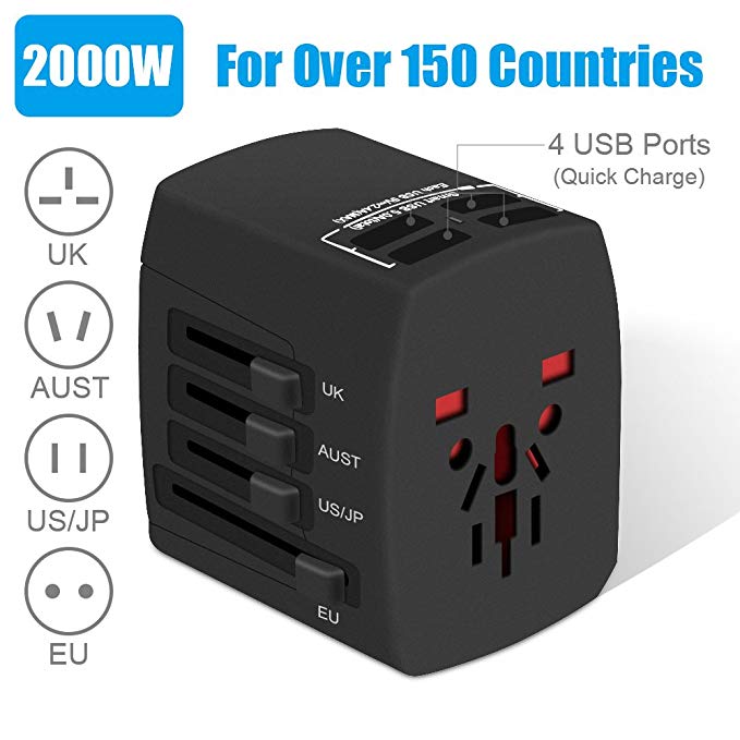 Travel Adapter, 2000W International Power Adapter, All in One Universal Power Adapterr with 4 Quick Charge USB 3.0 Ports, Power Converter Adapter for UK, EU, AU, US, Over 150 Countries