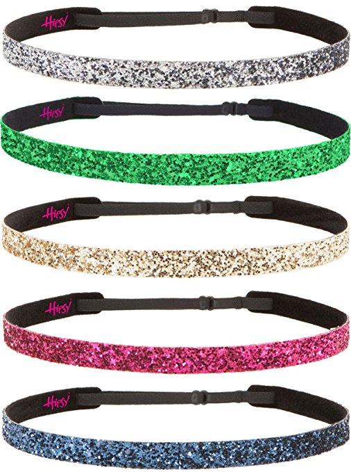 Hipsy 5pk Women's Adjustable NO SLIP Skinny Bling Glitter Headband Multi Gift Pack (Navy/H. Pink/Gold/Green/Gunmetal)