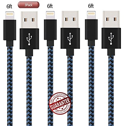 Zcen Lightning Cable, 3 Pack 6 Feet - Nylon Braided Cord iPhone Cable to USB Charging Charger for iPhone 7, Plus, 6, 6S, SE, 5S, 5, 5C, iPad, iPod - BlackBlue